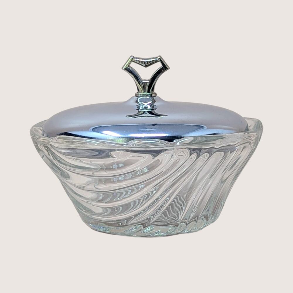 1950s Kromex Swirl Clear Glass Candy Dish with Chrome Lid